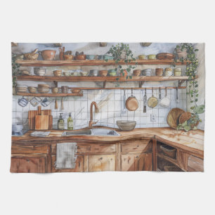 Boho Kitchen Interior Watercolor with Open Shelves Tea Towel