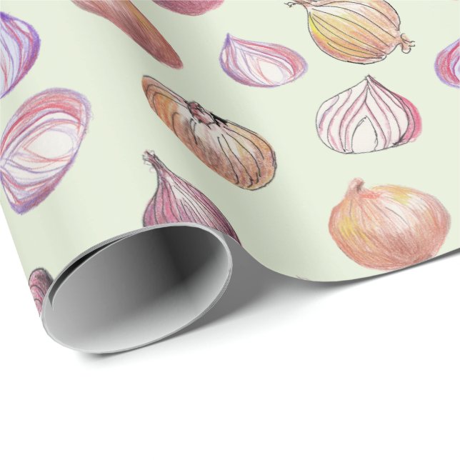 Boho Kitchen Onions Hand-Illustrated Sage Veggie Wrapping Paper (Roll Corner)