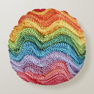 Boho Knit Striped Colourful, Cosy & Artisanal Vibe Round Cushion