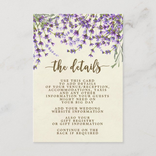 boho lavender floral wedding information card (Front)