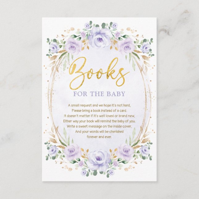 Boho Lavender Gold Flower Books for Baby Girl Enclosure Card (Front)