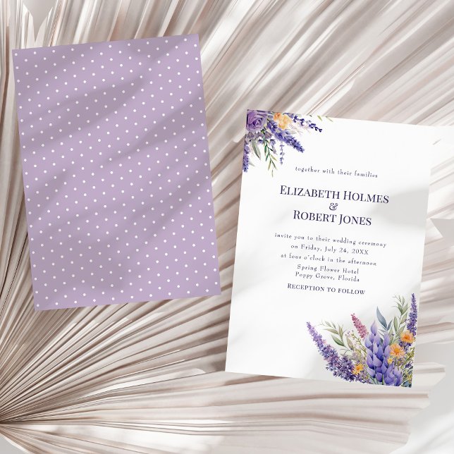 Boho Lavender Lilac Watercolor Wildflowers Wedding Invitation (Boho Lavender Lilac Watercolor Wildflowers Wedding Invitation on a sunny neutral dry palm leaf.)