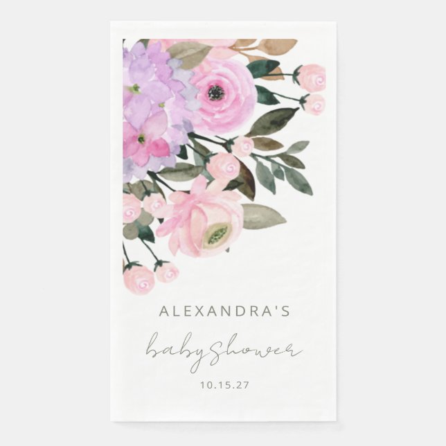 Boho Lavender Pink Floral Watercolor Baby Shower Napkin (Front)
