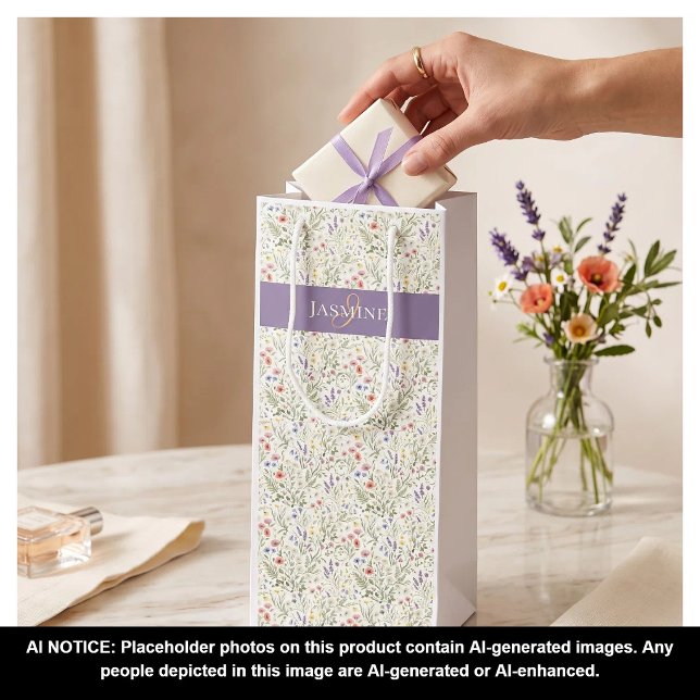 Boho Lavender Poppies Monogram Name Wildflower  Wine Gift Bag (Creator Uploaded)