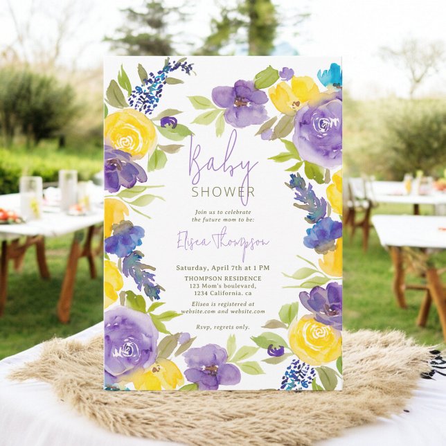 Boho lavender yellow floral baby shower invitation (Boho lavender yellow floral baby shower invitation)