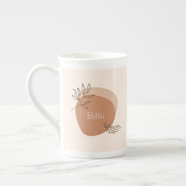 Boho leaf design with custom name bone china mug (Left)