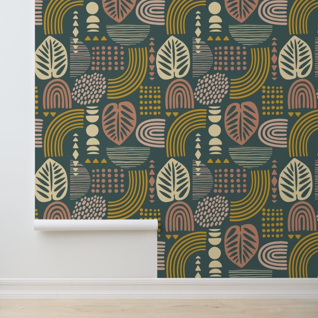 Boho Leaf Line Pattern Wallpaper (Application)