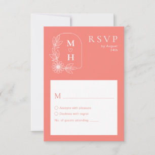 Boho Leaf Monogram Coral Pink Wedding RSVP Card