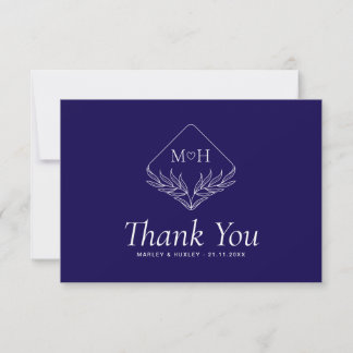 Boho Leaf Monogram Simple Blue and White Wedding Thank You Card