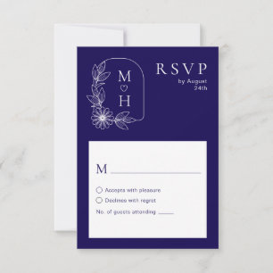 Boho Leaf Monogram Stylish Blue and White Wedding RSVP Card