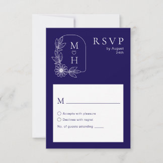 Boho Leaf Monogram Stylish Blue and White Wedding RSVP Card