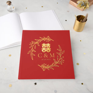 Boho leaf wreath double happiness Chinese wedding Guest Book