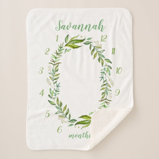 Boho Leaves Baby Name Monthly Milestone Photo Sherpa Blanket (Front)