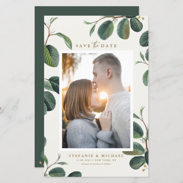 Boho Leaves Botanical Ivory Photo Save the Date (Front/Back)