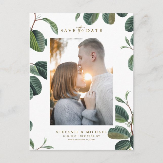 Boho Leaves Botanical White Photo Save the Date Announcement Postcard (Front)