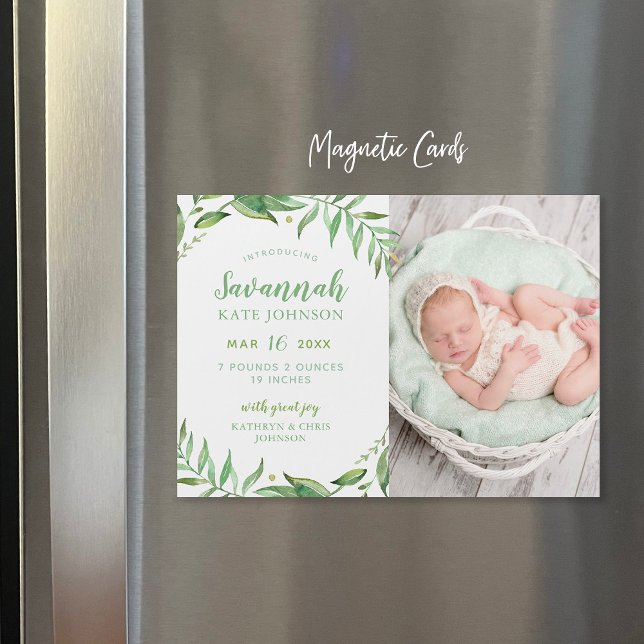 Boho Leaves Magnetic Photo Birth Announcement (Creator Uploaded)