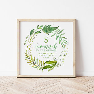 Boho Leaves Personalised Baby Birth Stats Poster