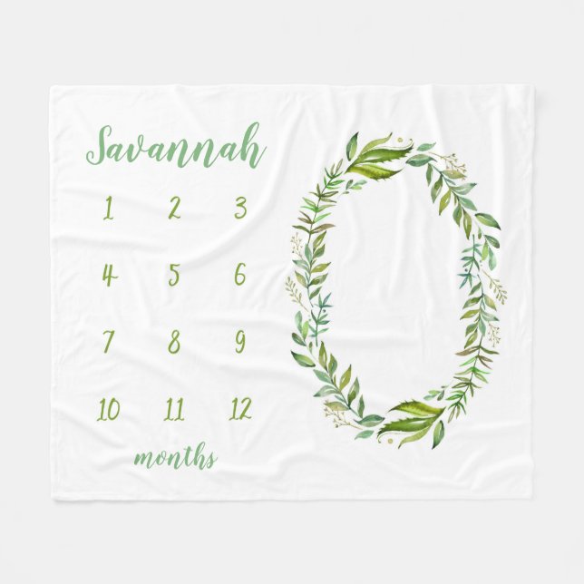 Boho Leaves Personalised Baby Milestone Photo Fleece Blanket (Front (Horizontal))