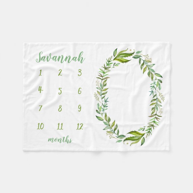 Boho Leaves Personalised Baby Milestone Photo Fleece Blanket (Front (Horizontal))