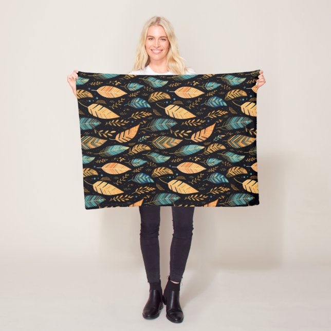 Boho Leaves teal Fleece Blanket (In Situ)