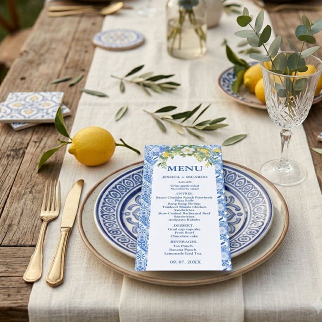 Boho Lemon Blue Mediterranean tile Italian Wedding Menu (Creator Uploaded)