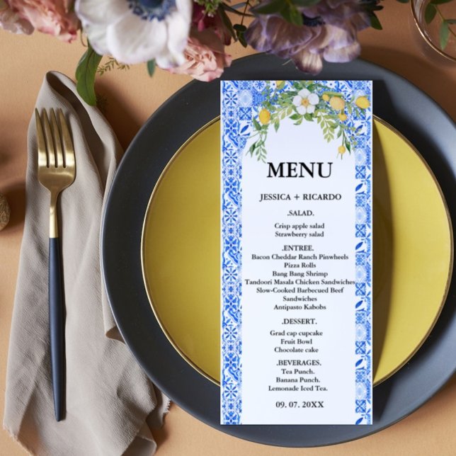 Boho Lemon Blue Mediterranean tile Italian Wedding Menu (Creator Uploaded)