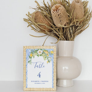 Boho Lemon Blue Mediterranean tile Italian Wedding Table Number