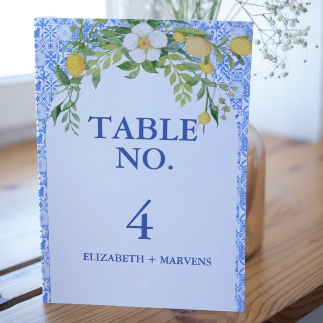 Boho Lemon Blue Mediterranean tile Italian Wedding Table Number (Creator Uploaded)