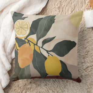 Boho Lemon Branch with Sun Abstract Fruit Artwork Cushion