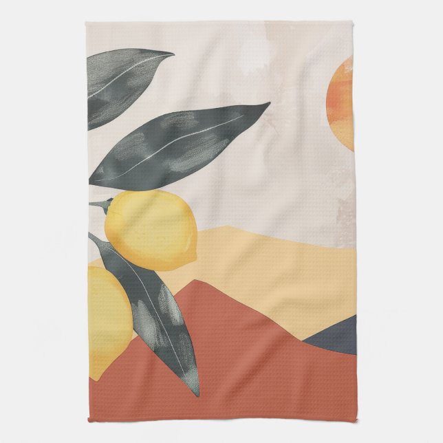 Boho Lemon Branch with Sun Minimalist Abstract Tea Towel (Vertical)