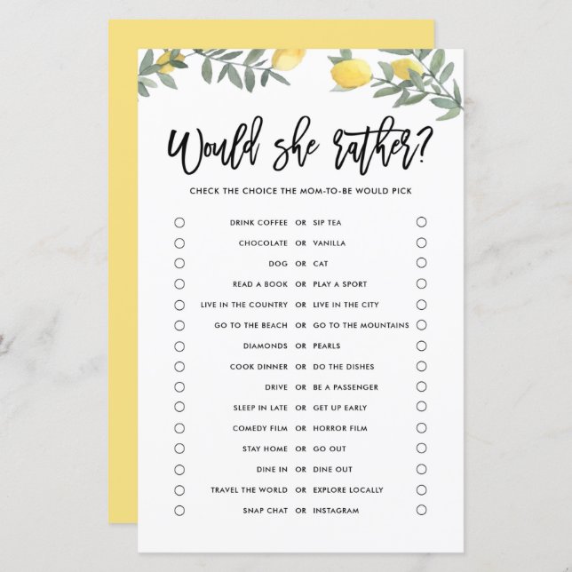 Boho Lemon Would Mum Rather Baby Shower Game (Front/Back)