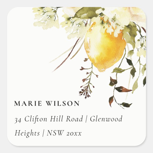 Boho Lemon Yellow Watercolor Floral Address Square Sticker (Front)