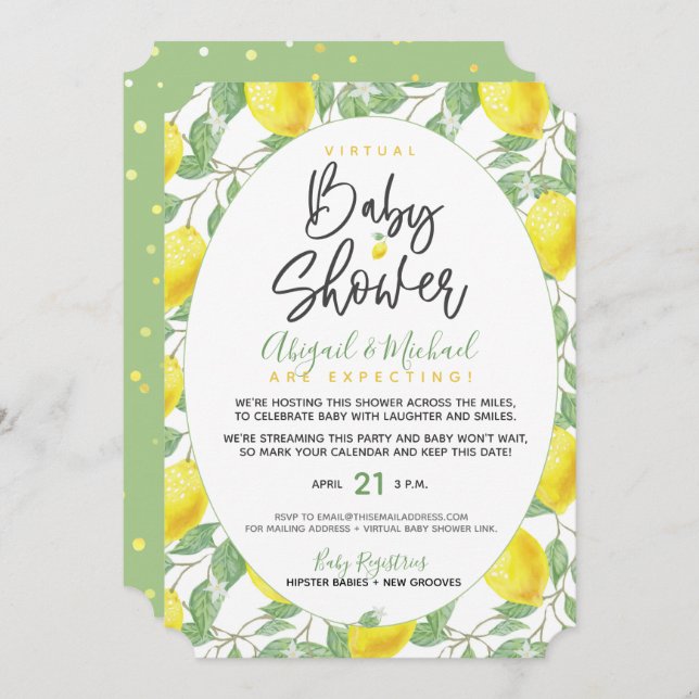 Boho Lemons Gender-Neutral Virtual Baby Shower Invitation (Front/Back)