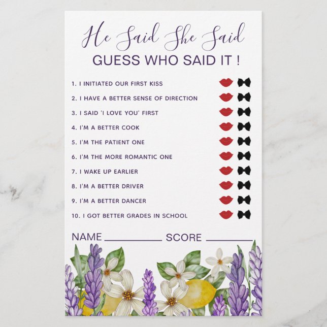Boho Lemons & Lavender He Said She Said Game  Flyer (Front)