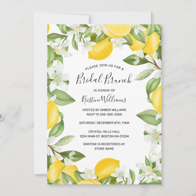 Boho Lemons Watercolor Floral Bridal Brunch Invitation (Front)