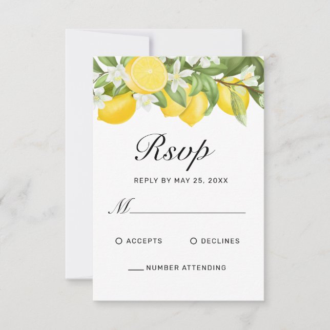 Boho Lemons Watercolor Floral Greenery Wedding RSVP Card (Front)