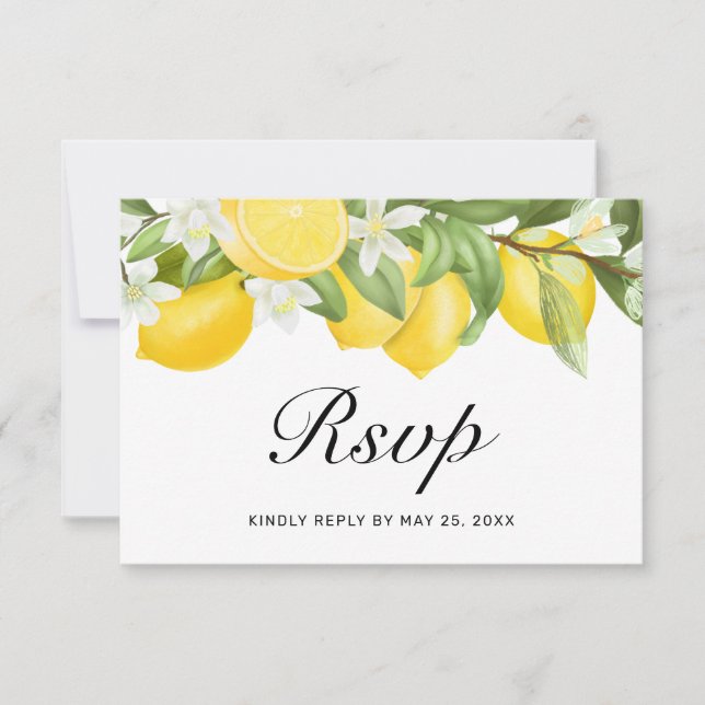 Boho Lemons White Floral Greenery Wedding RSVP Card (Front)