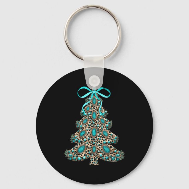 Boho Leopard Christmas Tree Cheetah Print Coquette Key Ring (Front)