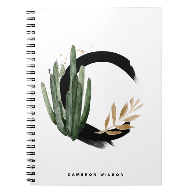 Boho Letter C Monogram Watercolor Tropical Cactus Notebook (Front)