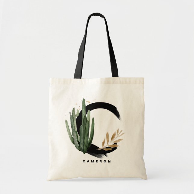 Boho Letter C Monogram Watercolor Tropical Cactus Tote Bag (Front)
