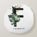 Boho Letter F Monogram | Mostera Tropical Leaves Round Cushion<br><div class="desc">Customizable letter F monogram round pillow featuring watercolor montera leaf,  faux gold foil leaf and black watercolor brush accents. Personalize this tropical monogram pillow by adding your name or other details. This boho letter F monogrammed pillow will be perfect as a gift. Other letters are available.</div>