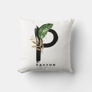 Boho Letter P Monogram Palm Leaves Tropical Cushion