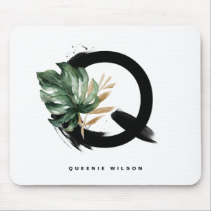 Boho Letter Q Monogram Tropical Monstera Leaf Mouse Pad