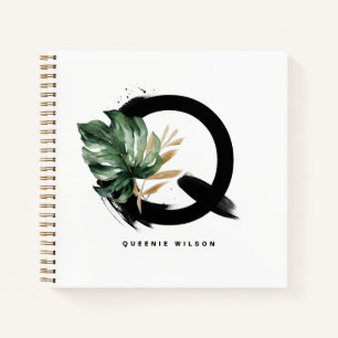 Boho Letter Q Monogram Tropical Monstera Leaves Notebook