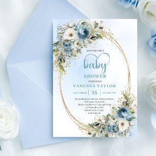Boho Light Blue Floral Greenery Baby Shower Invite