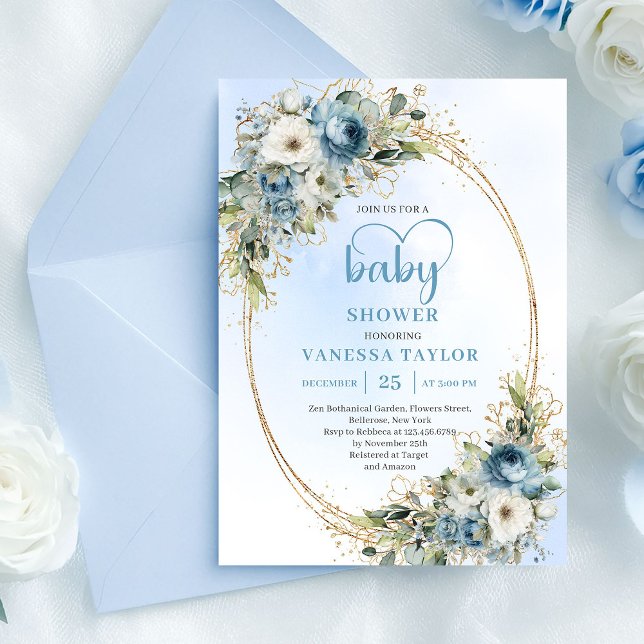 Boho Light Blue Floral Greenery Baby Shower Invite (Boho Light Blue Floral Greenery Baby Shower Invite.....)