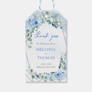 Boho light blue flowers eucalyptus silver frame gift tags