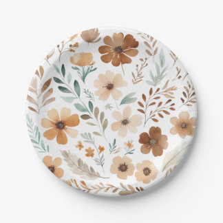 Boho Light Brown Flower  Paper Plate