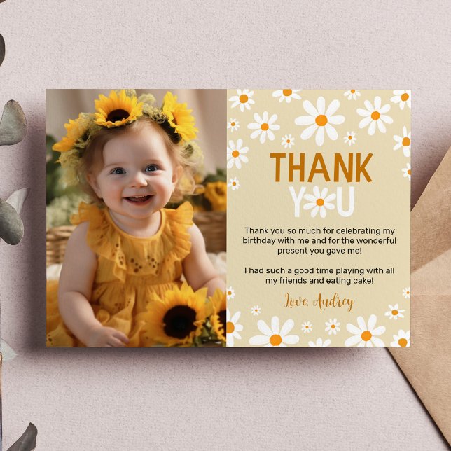 Boho Light Daisy 1st Birthday Photo Thank You Card (Creator Uploaded)
