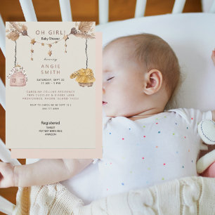 Boho Light Rose Oh Girl Clothes Baby Shower Invitation